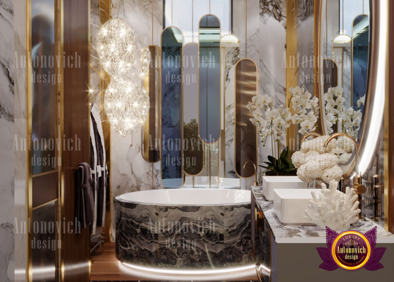 Elegant golden bathroom vanity with intricate detailing