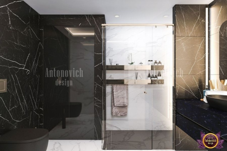 Sleek minimalist bathroom with floating vanity and large mirror