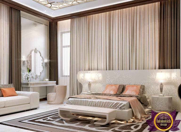 Luxurious bedroom with sophisticated lighting and plush bedding
