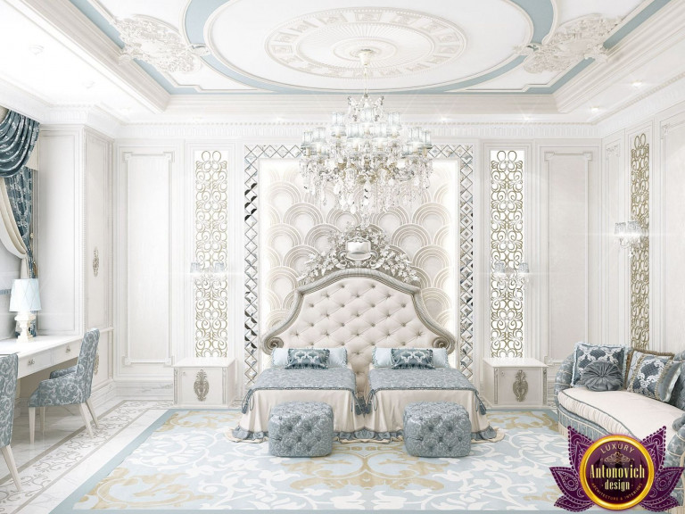 Elegant master bedroom with luxurious chandelier and plush bed