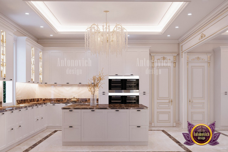 Modern kitchen with sleek countertops and stylish lighting