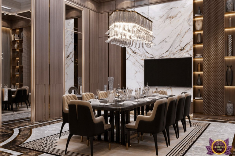 Elegant brown dining room with a lavish chandelier and plush seating