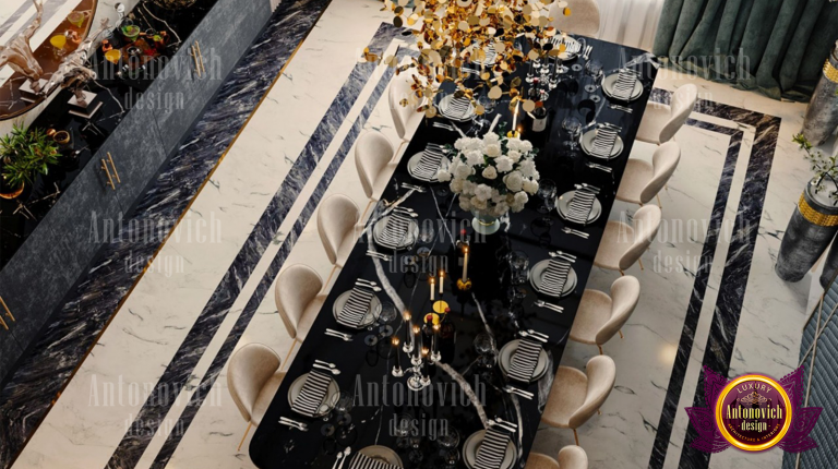 Elegant dining room with opulent chandelier and lavish furnishings