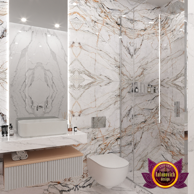 Stylish bathroom featuring a sleek vanity and eye-catching tilework