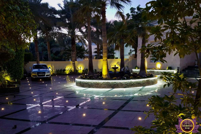 A beautifully decorated Dubai landscape with lush greenery and modern design elements
