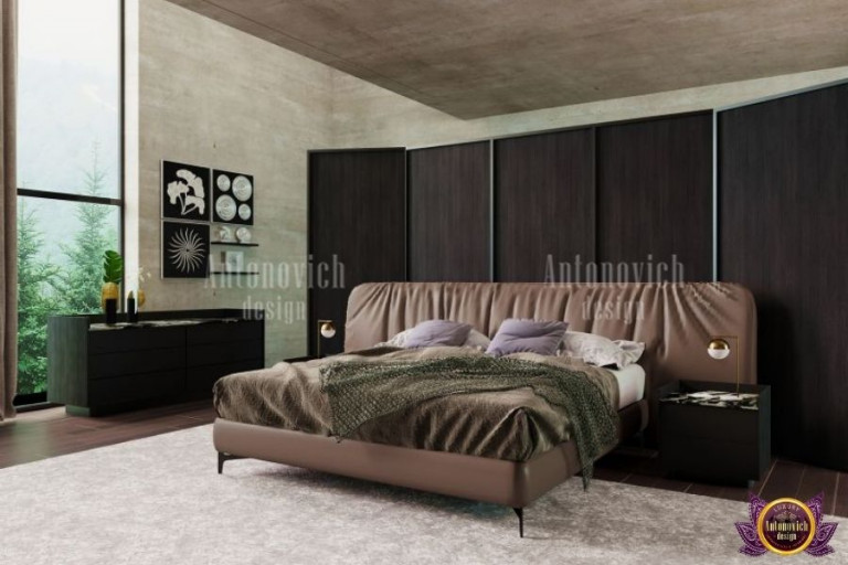 Luxurious bedroom seating area with modern furniture and cozy accents