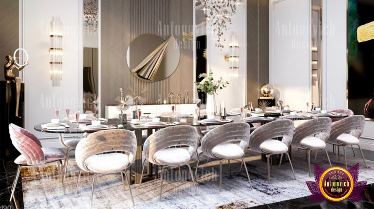 Elegant dining room featuring a sleek glass table and stylish decor