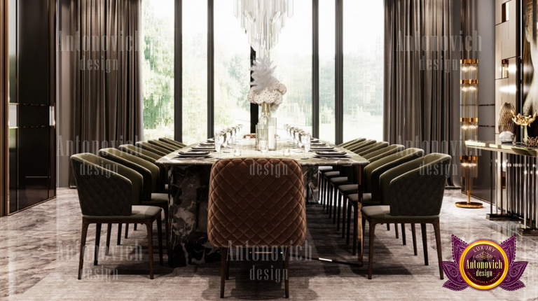 Stylish dining room with warm lighting and comfortable seating