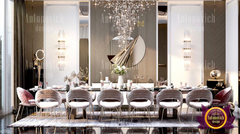 Sophisticated dining room with a lavish chandelier and plush seating
