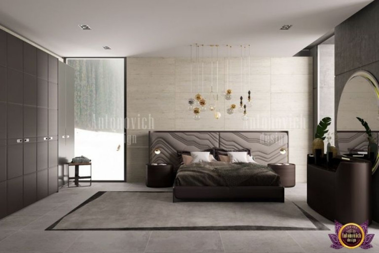 Elegant modern bed with luxurious bedding and stylish headboard