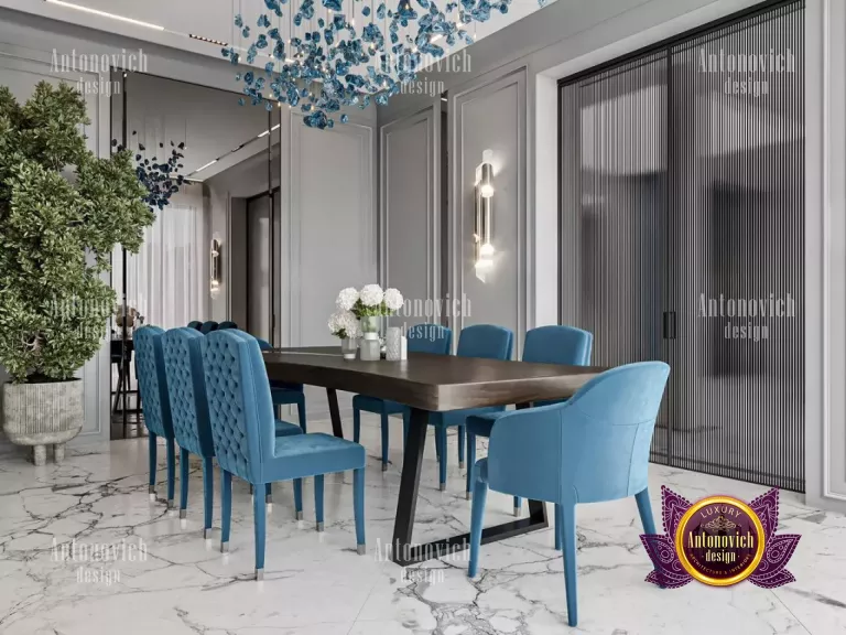Modern dining room design featuring a stylish Dubai skyline view