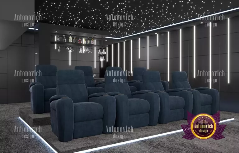 Luxurious home theater interior with cozy recliners and unique design elements