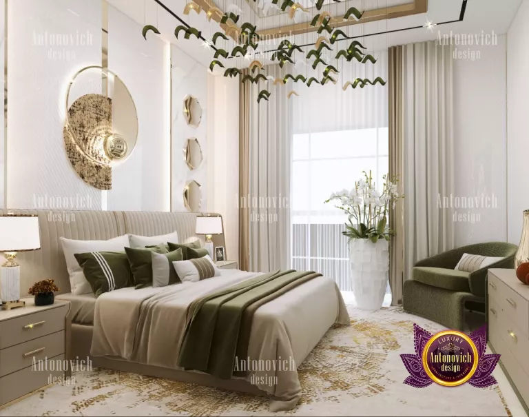 Elegant bedroom featuring a stunning chandelier and stylish furniture