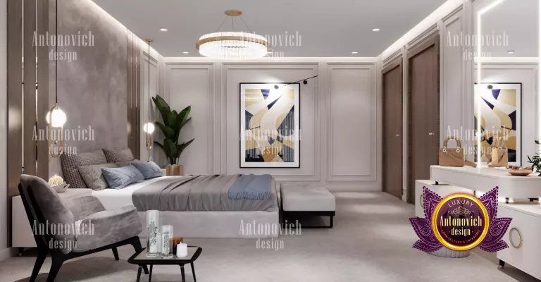 Modern master bedroom design featuring a statement headboard and sleek furniture