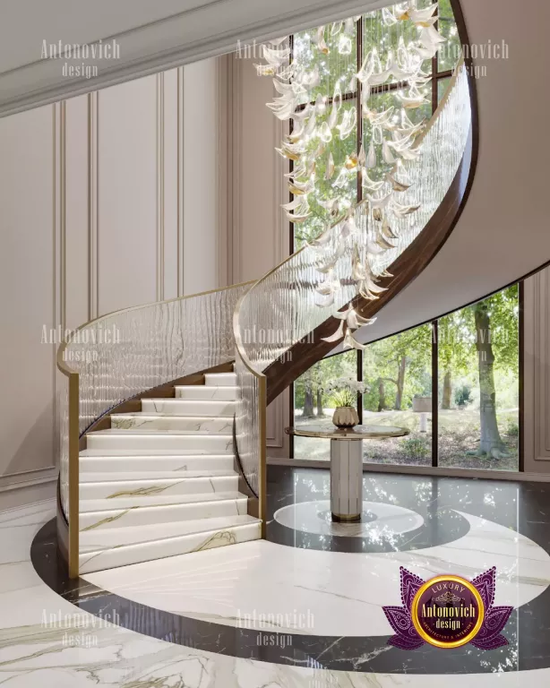 Elegant hallway with statement chandelier and marble flooring
