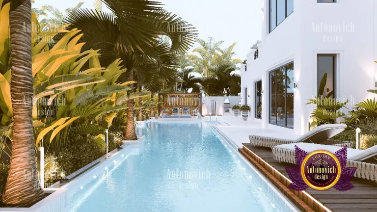 Elegant outdoor living area featuring a custom-designed pool