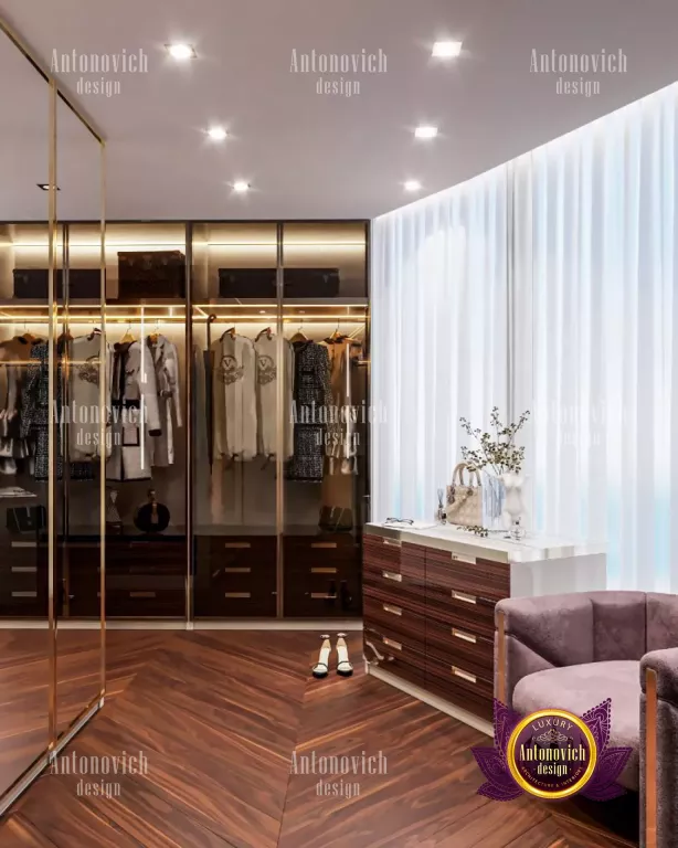 Chic dressing room featuring a glamorous vanity and seating area