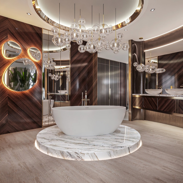Elegant freestanding bathtub in a lavish marble bathroom