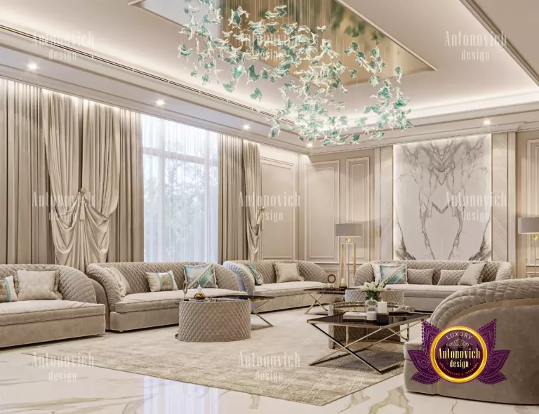Elegant sitting room with modern furniture and stylish decor