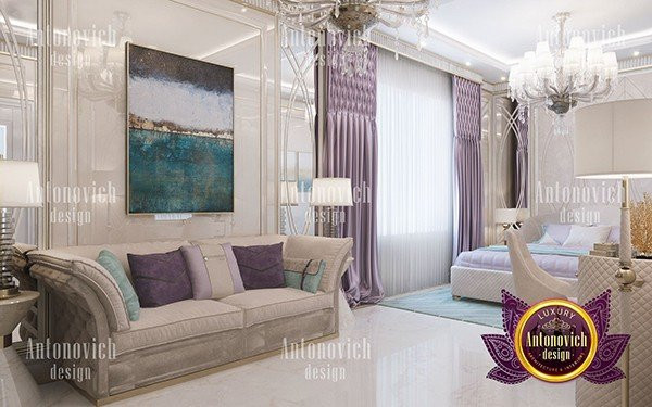 Elegant pastel-toned bedroom with luxurious furnishings