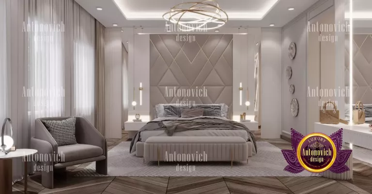 Elegant chandelier and plush bedding in a luxury Dubai bedroom