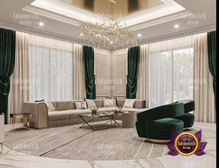 Elegant Dubai living room featuring a grand chandelier and plush seating