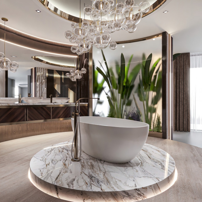 Exquisite bathroom vanity with gold accents and a statement chandelier