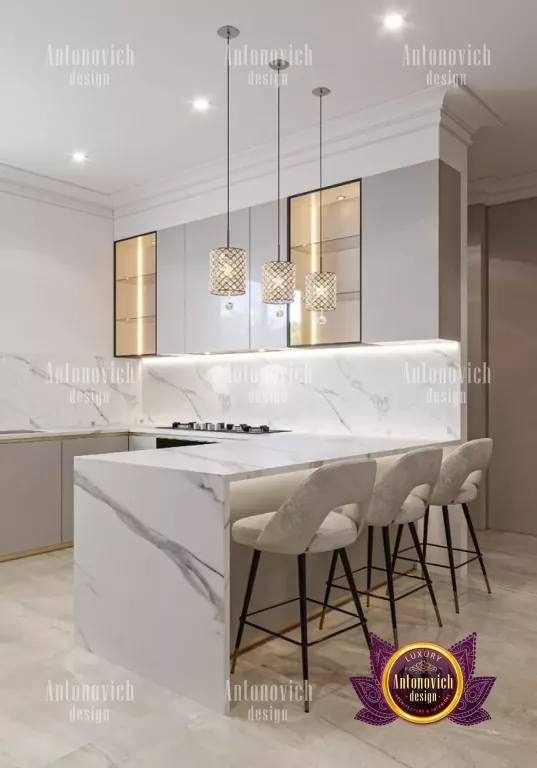 Sophisticated kitchen island with pendant lighting in a Dubai home