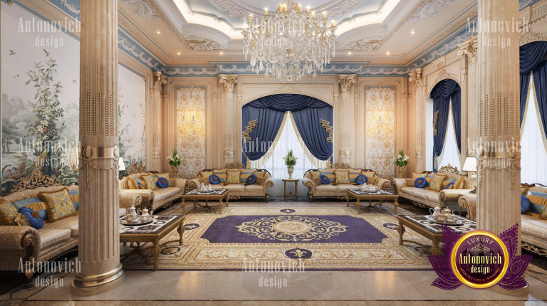 Elegant and luxurious Arabian majlis design featuring gold accents and rich textures