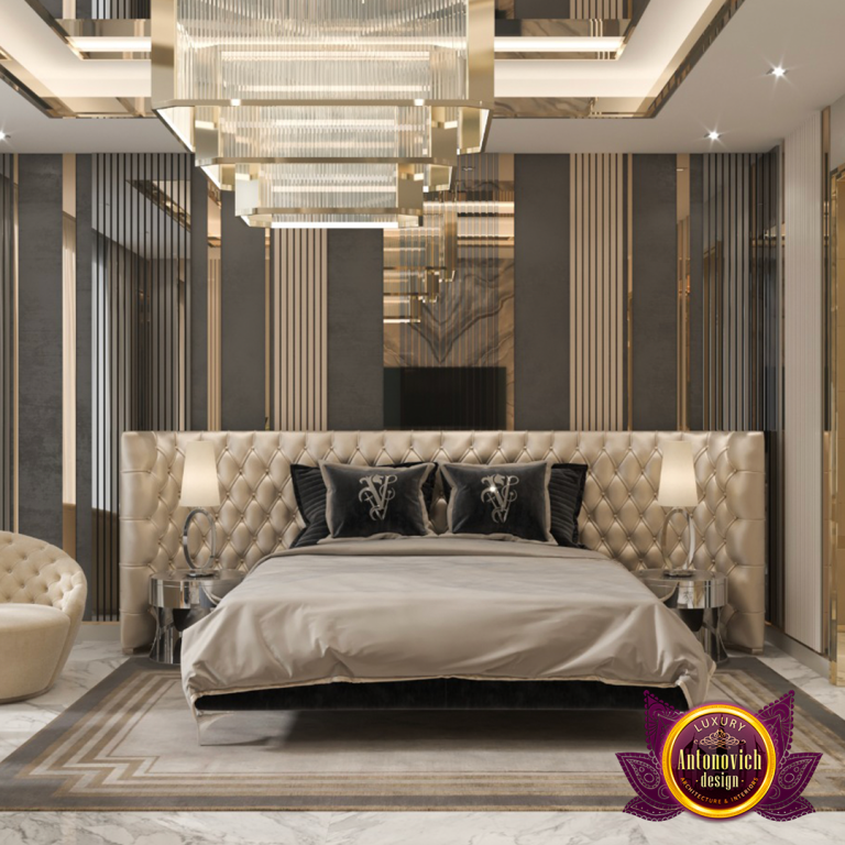 Elegant bedroom with plush bedding and stylish decor