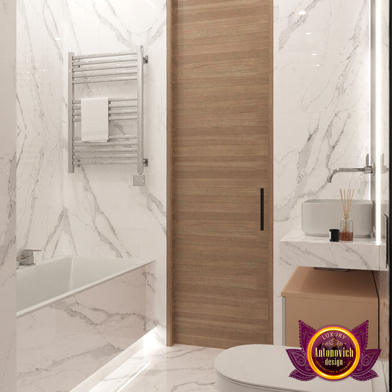 Elegant and modern Dubai bathroom featuring a freestanding bathtub