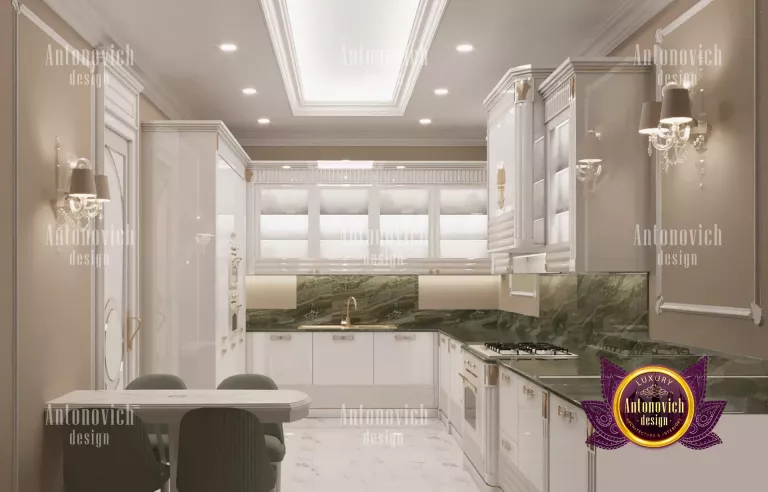 Sleek and minimalist kitchen island with pendant lighting in a Dubai home