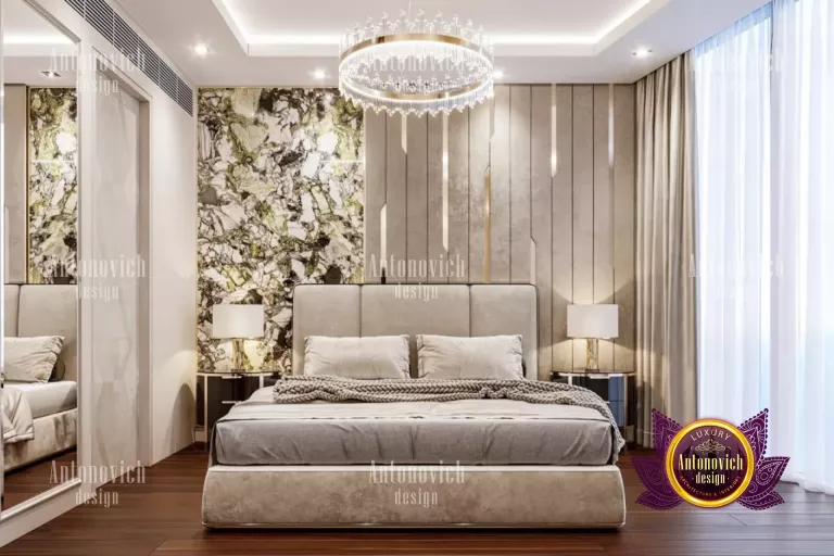 Elegant Dubai bedroom with gold accents and plush bedding