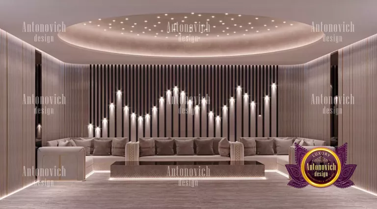 Elegant home cinema with plush seating and ambient lighting