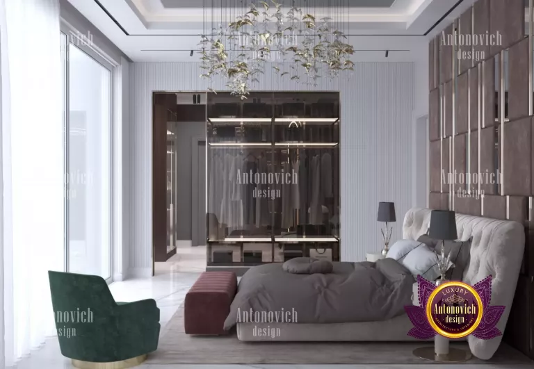 Elegant modern bedroom featuring a statement headboard