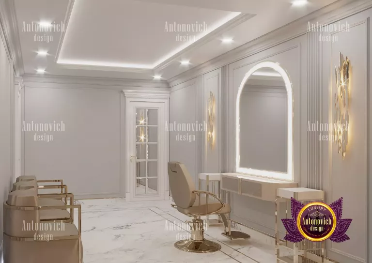 Elegant salon reception area featuring opulent chandeliers