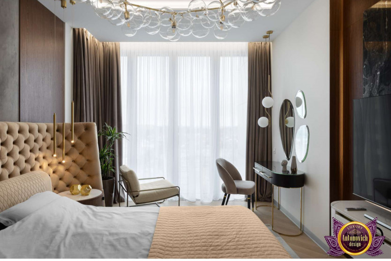Elegant Dubai bedroom with plush bedding and exquisite chandelier