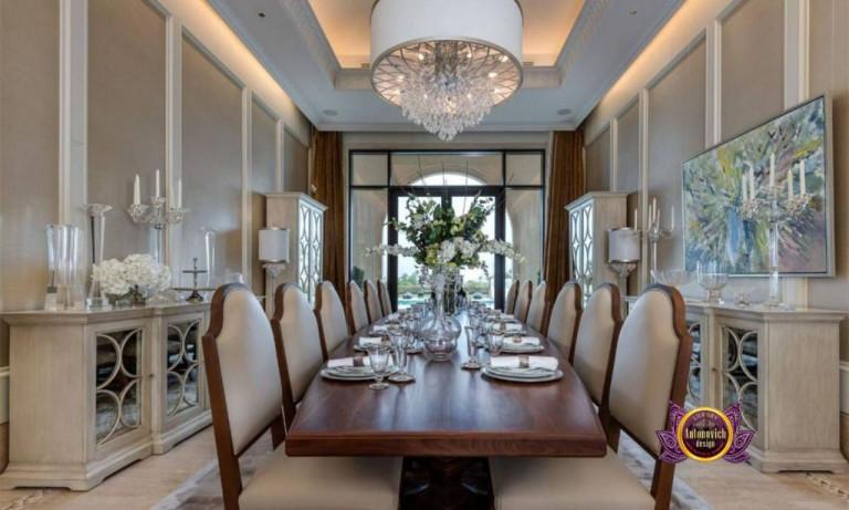 Chic Dubai dining room with exquisite lighting and decor