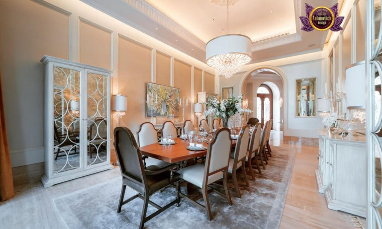 Sophisticated dining area featuring a lavish table setting in a Dubai mansion