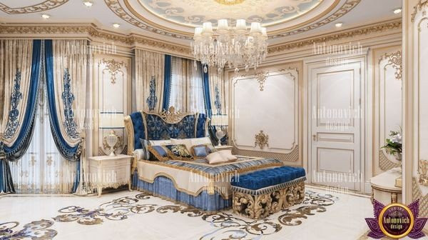 Elegant Nigerian bedroom with plush bedding and exquisite chandelier