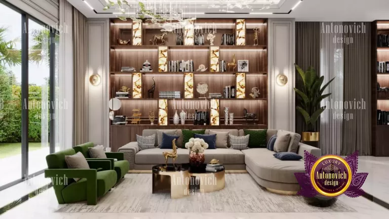 Sophisticated living room design featuring Dubai's skyline view