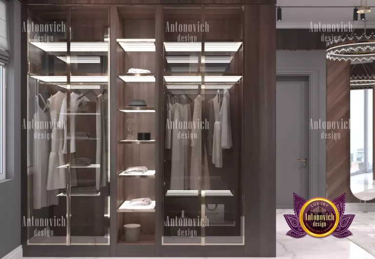 Stylish walk-in closet in Dubai featuring designer clothing and accessories