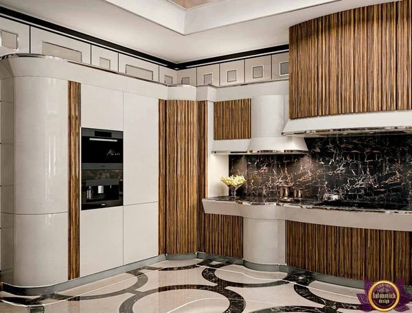 Custom-designed kitchen cabinets with glass doors