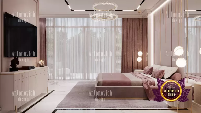 Elegant bedroom with plush bedding and opulent chandelier