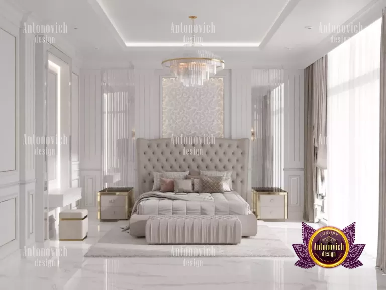 Elegant bedroom with plush bedding and stylish chandelier