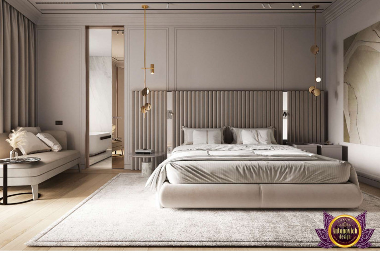Sleek minimalist bedroom design with a stunning Dubai skyline view