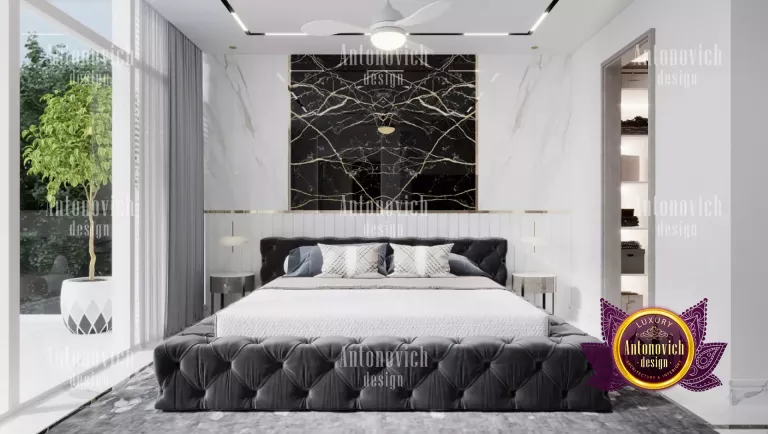 Elegant Dubai bedroom featuring a statement chandelier and rich textures