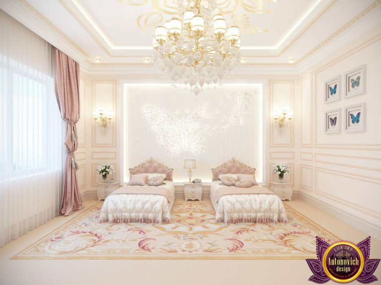 Elegant girls' room with stylish decor and cozy reading nook