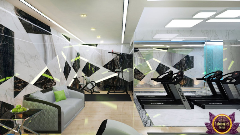 Elegant home gym with mirrored walls and sleek equipment
