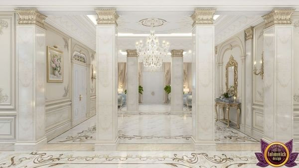 Elegant marble flooring with gold accents in a lavish bedroom